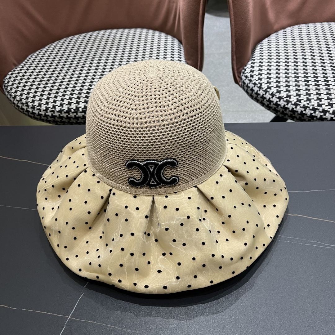  赛琳CELINE 春夏新款时尚波点大沿遮阳女渔夫帽度假遮脸防晒帽户外休闲太阳帽