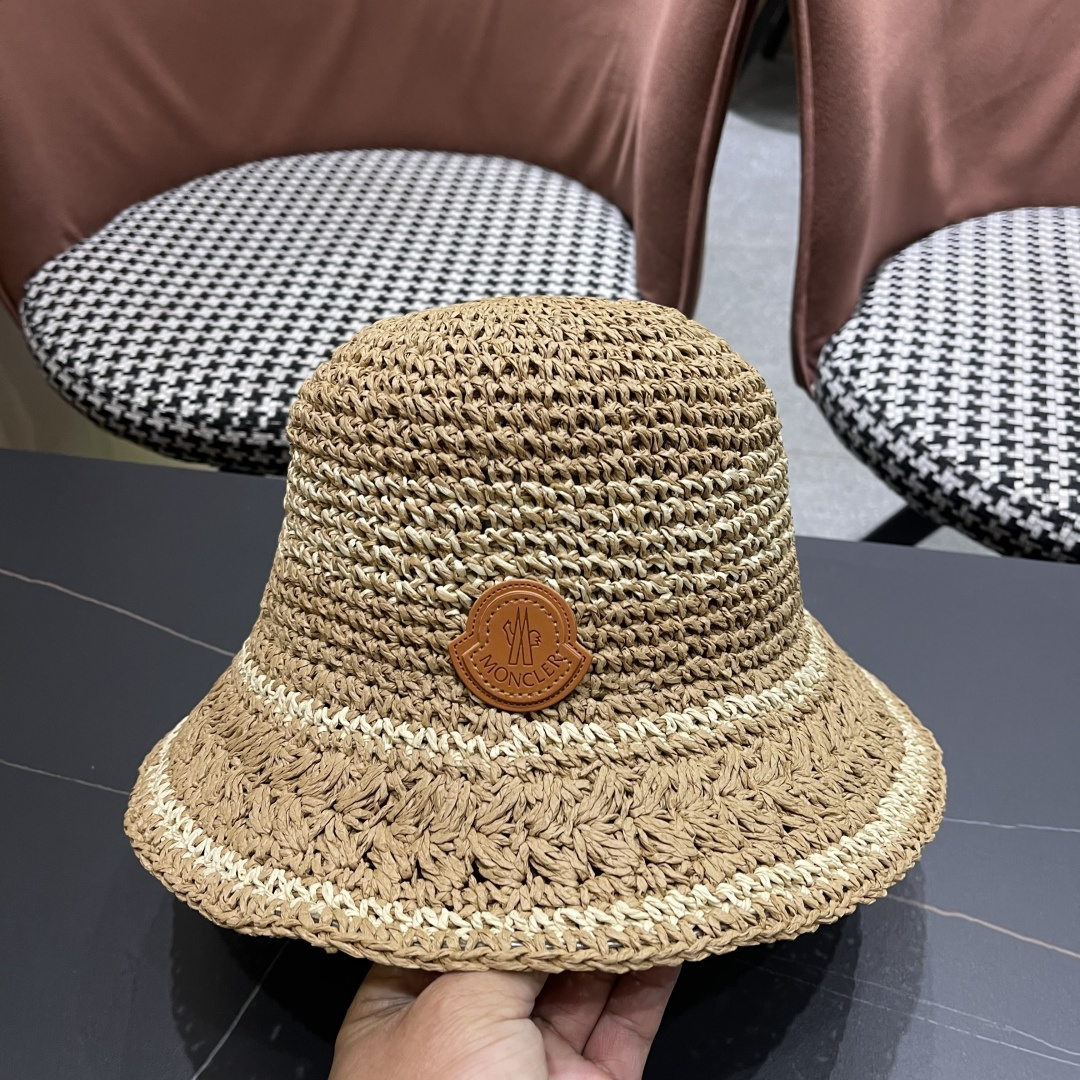  （蒙囗MONCLER海边度假条纹手工编织渔夫帽女夏法式镂空大帽檐遞阳防晒草帽
