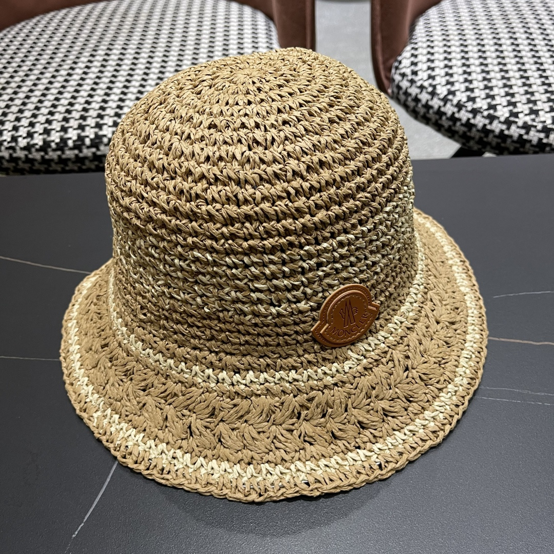  （蒙囗MONCLER海边度假条纹手工编织渔夫帽女夏法式镂空大帽檐遞阳防晒草帽
