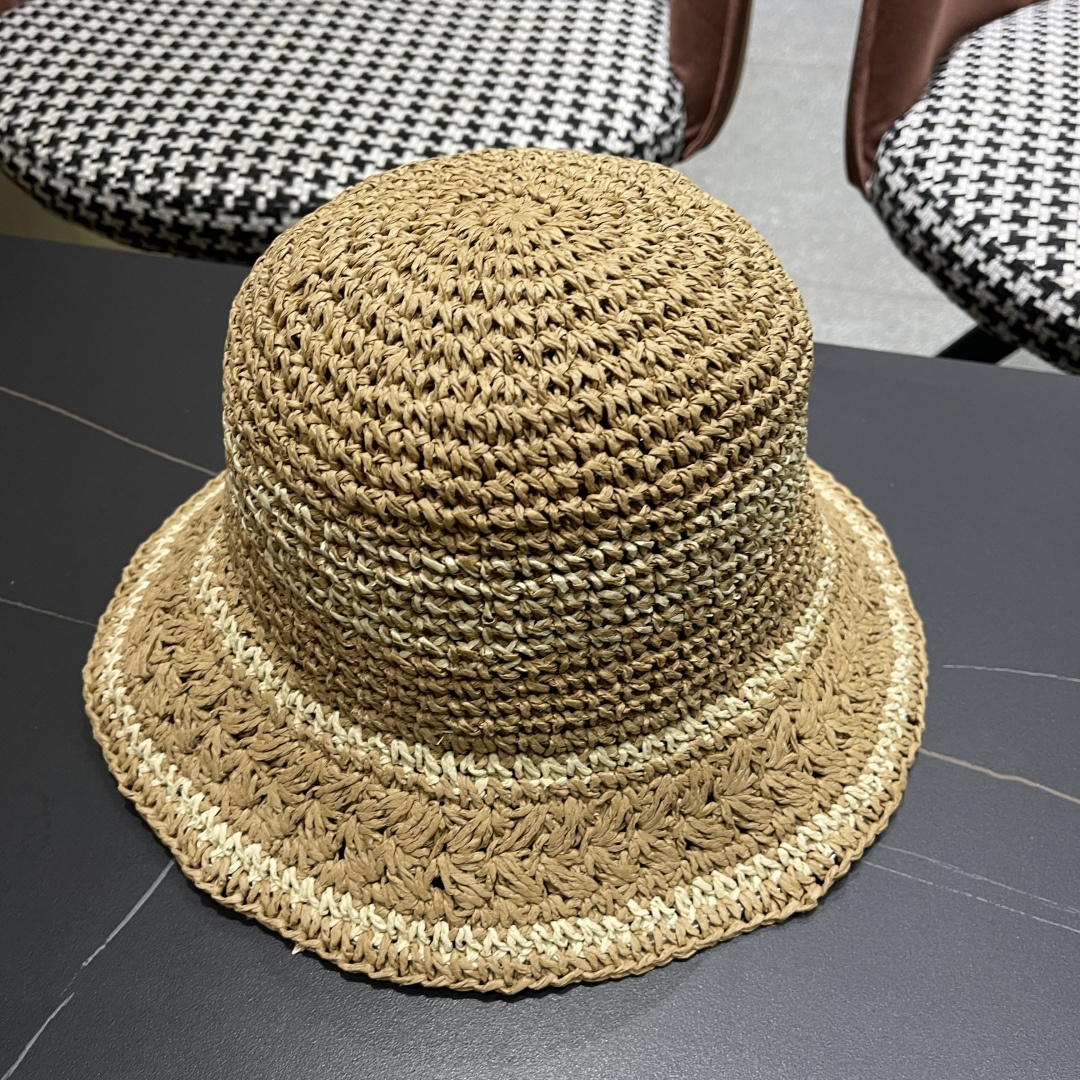  （蒙囗MONCLER海边度假条纹手工编织渔夫帽女夏法式镂空大帽檐遞阳防晒草帽
