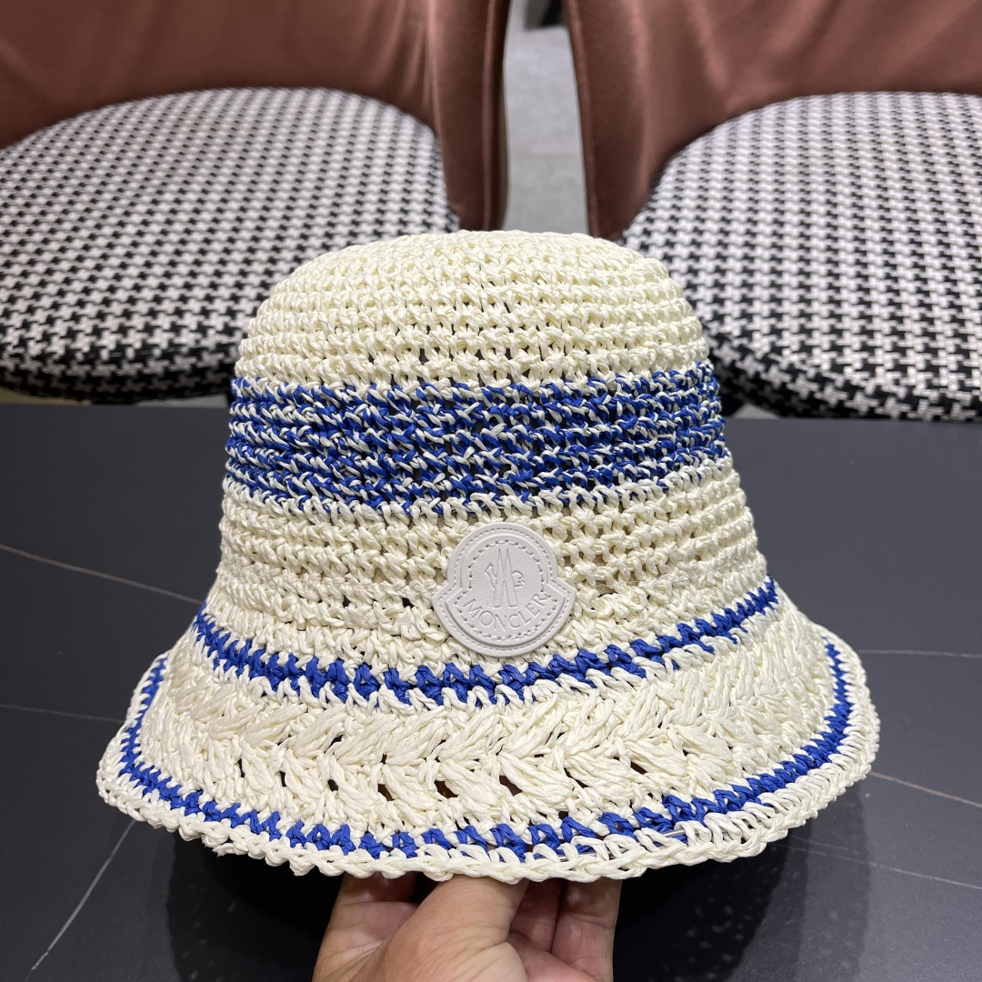  （蒙囗MONCLER海边度假条纹手工编织渔夫帽女夏法式镂空大帽檐遞阳防晒草帽
