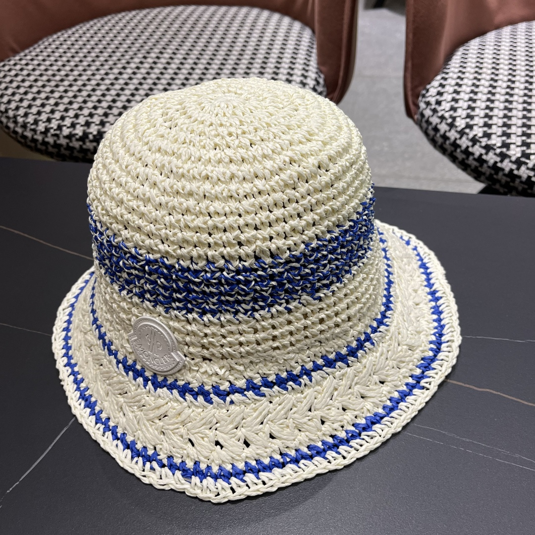  （蒙囗MONCLER海边度假条纹手工编织渔夫帽女夏法式镂空大帽檐遞阳防晒草帽
