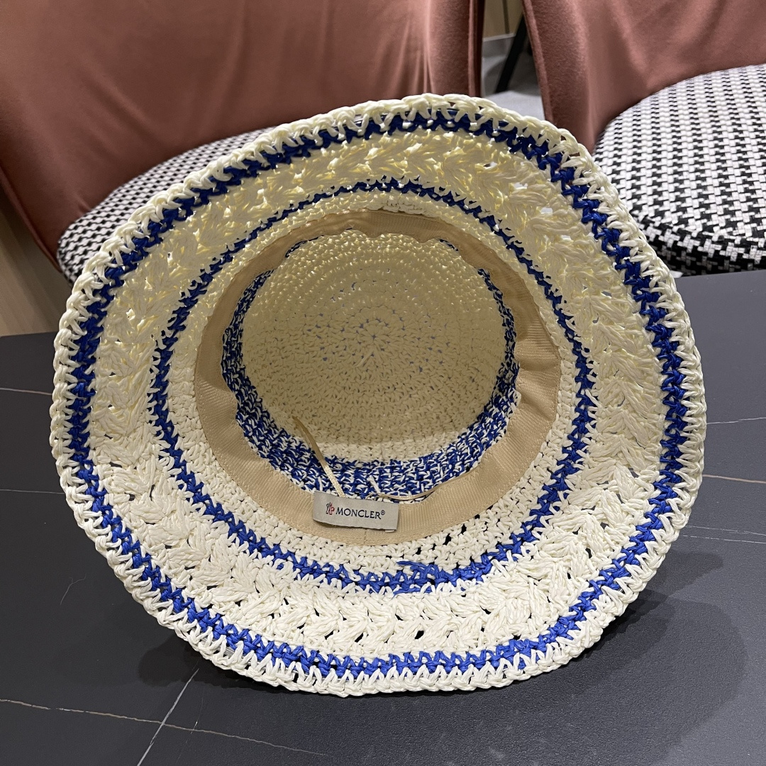  （蒙囗MONCLER海边度假条纹手工编织渔夫帽女夏法式镂空大帽檐遞阳防晒草帽
