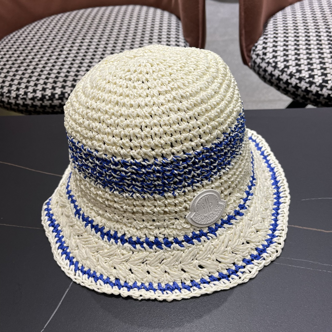  （蒙囗MONCLER海边度假条纹手工编织渔夫帽女夏法式镂空大帽檐遞阳防晒草帽
