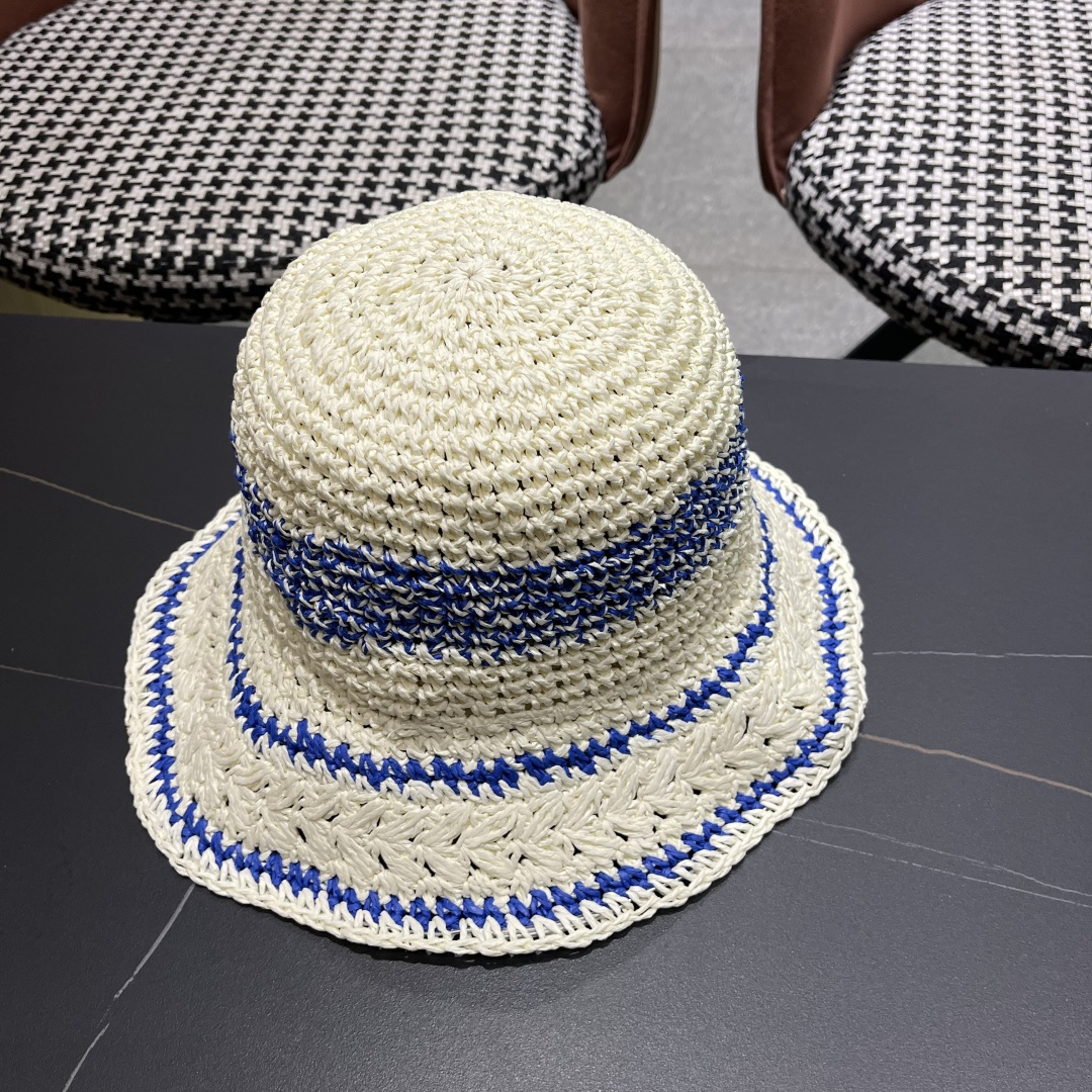  （蒙囗MONCLER海边度假条纹手工编织渔夫帽女夏法式镂空大帽檐遞阳防晒草帽
