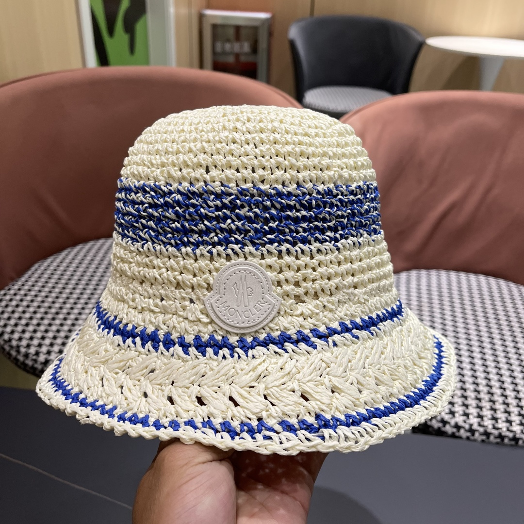  （蒙囗MONCLER海边度假条纹手工编织渔夫帽女夏法式镂空大帽檐遞阳防晒草帽
