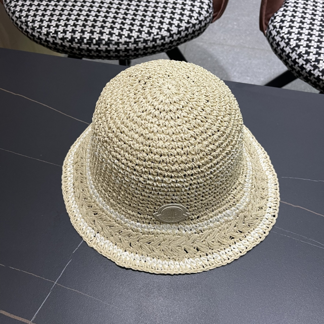  （蒙囗MONCLER海边度假条纹手工编织渔夫帽女夏法式镂空大帽檐遞阳防晒草帽
