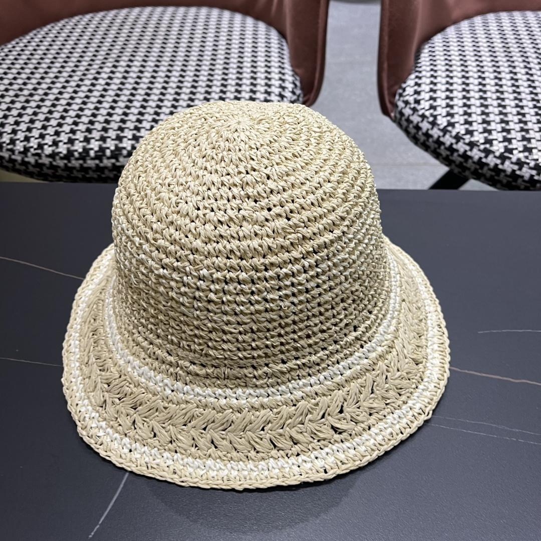  （蒙囗MONCLER海边度假条纹手工编织渔夫帽女夏法式镂空大帽檐遞阳防晒草帽
