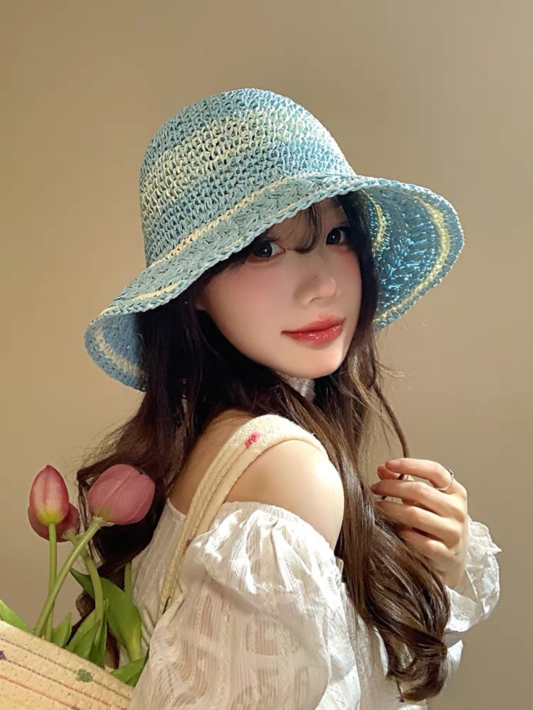  （蒙囗MONCLER海边度假条纹手工编织渔夫帽女夏法式镂空大帽檐遞阳防晒草帽
