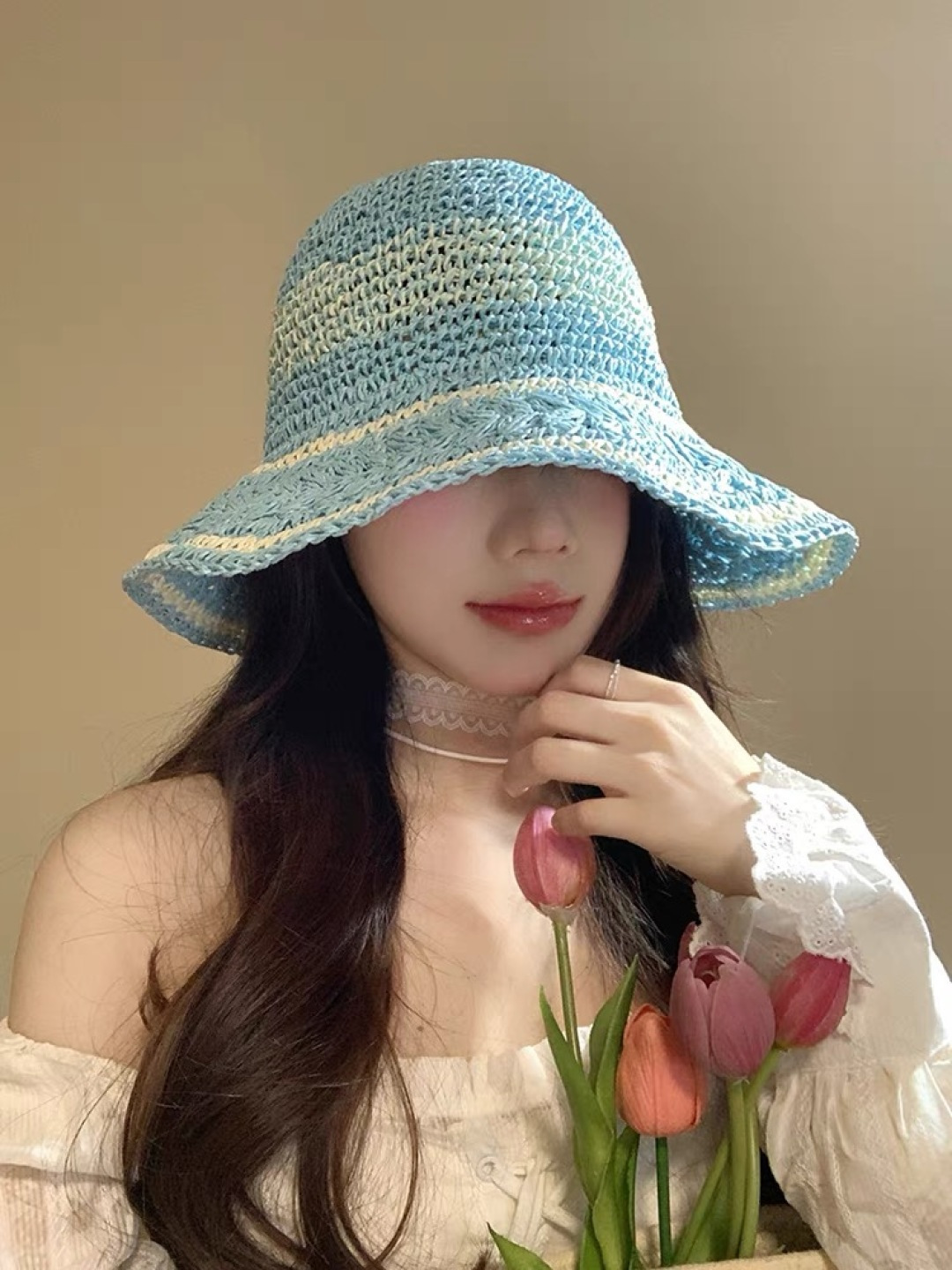  （蒙囗MONCLER海边度假条纹手工编织渔夫帽女夏法式镂空大帽檐遞阳防晒草帽
