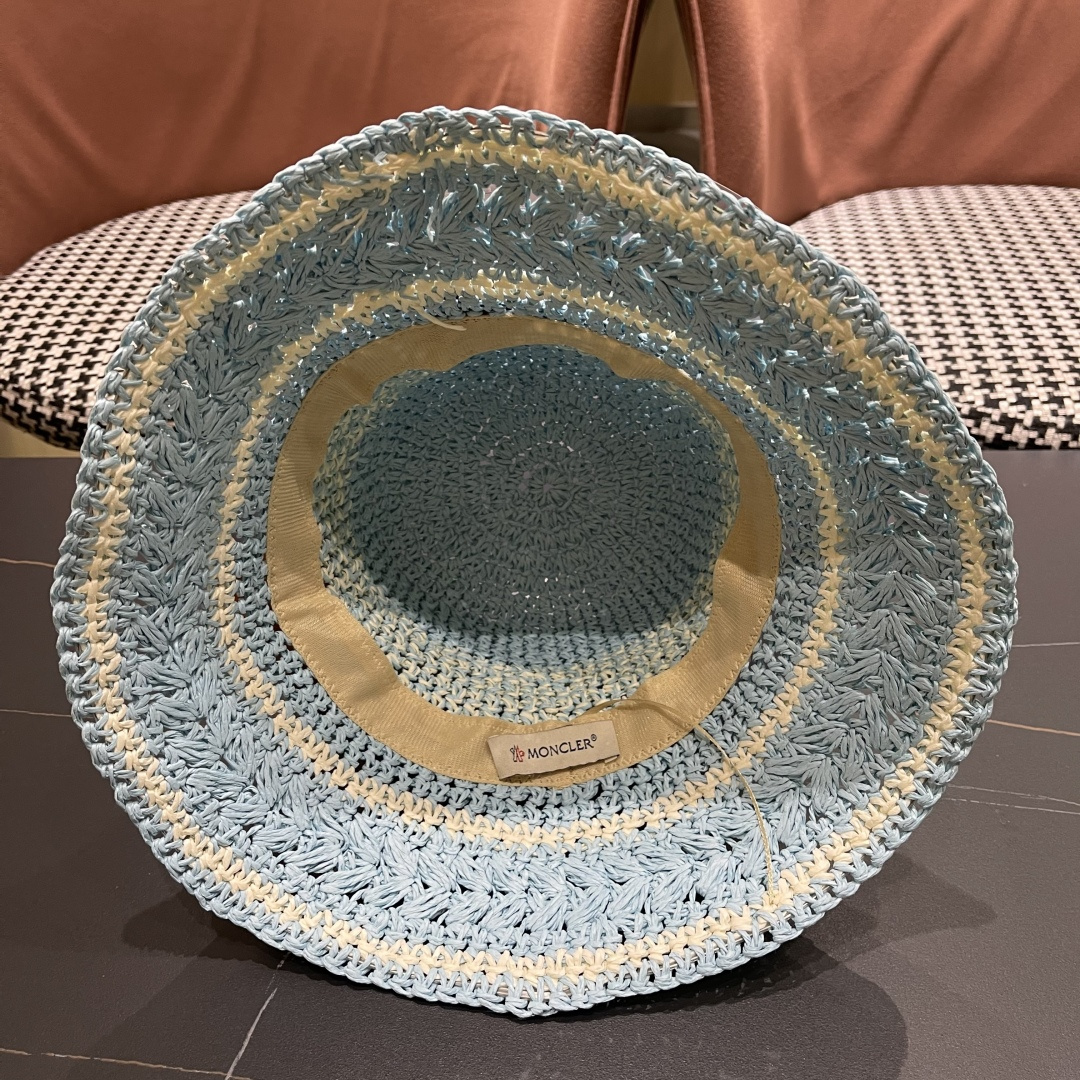  （蒙囗MONCLER海边度假条纹手工编织渔夫帽女夏法式镂空大帽檐遞阳防晒草帽
