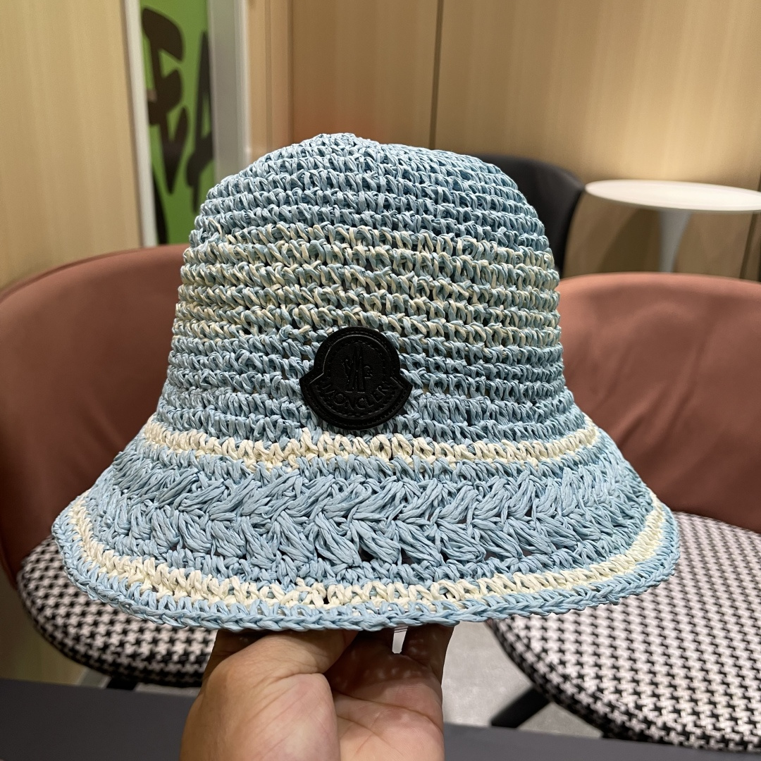  （蒙囗MONCLER海边度假条纹手工编织渔夫帽女夏法式镂空大帽檐遞阳防晒草帽
