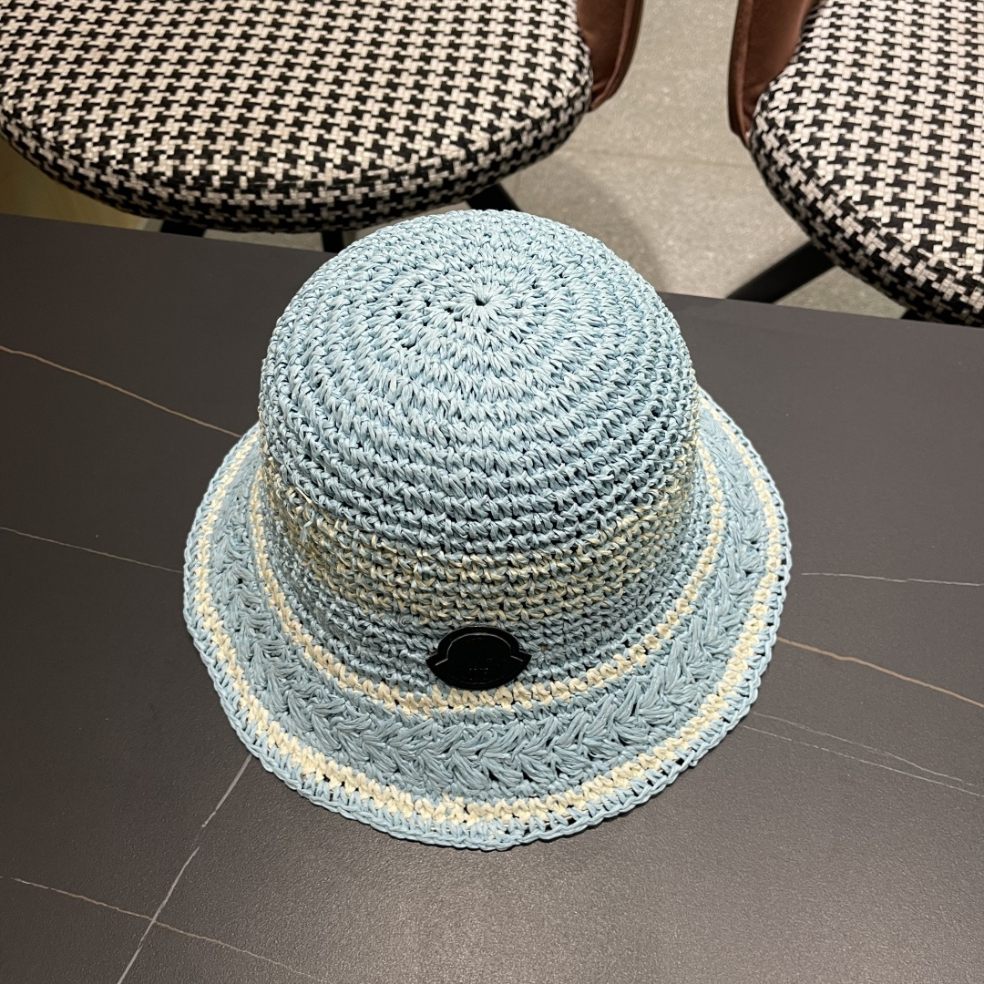  （蒙囗MONCLER海边度假条纹手工编织渔夫帽女夏法式镂空大帽檐遞阳防晒草帽
