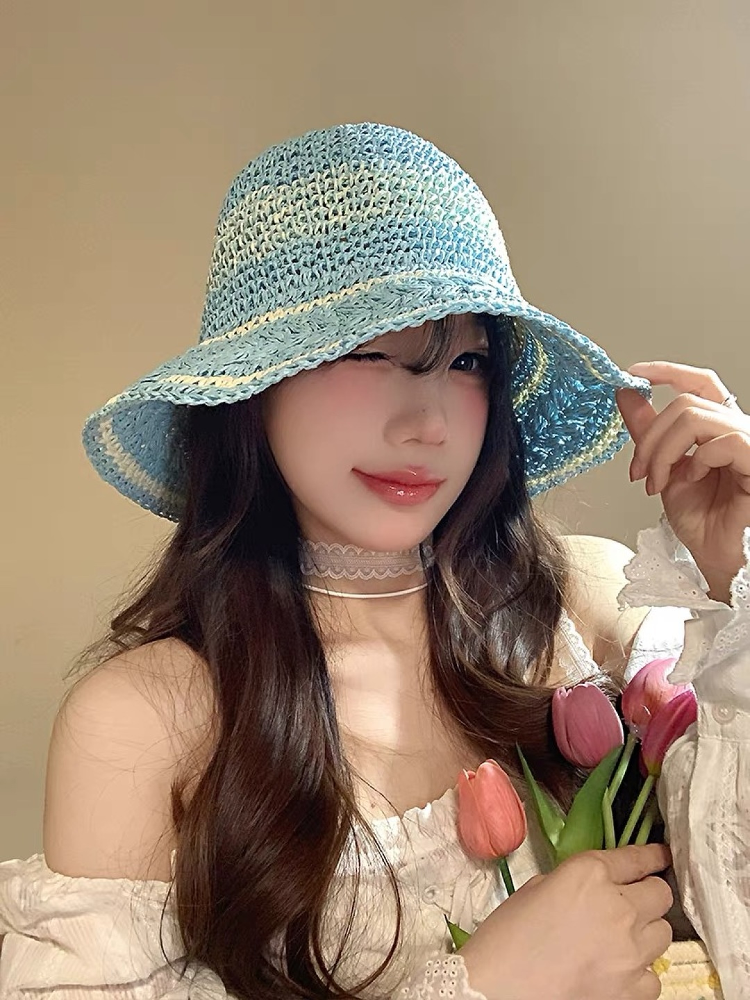  （蒙囗MONCLER海边度假条纹手工编织渔夫帽女夏法式镂空大帽檐遞阳防晒草帽
