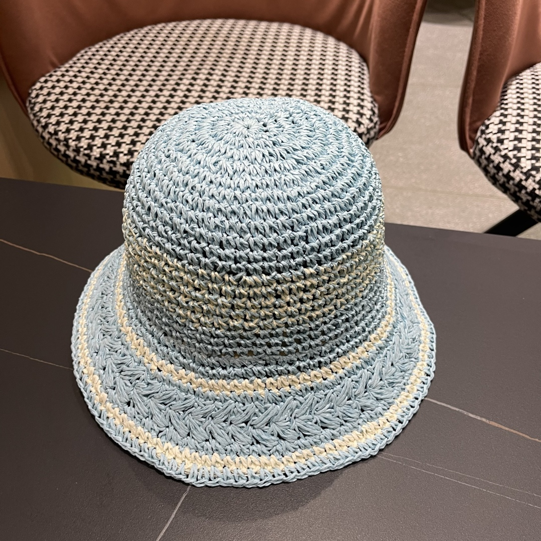  （蒙囗MONCLER海边度假条纹手工编织渔夫帽女夏法式镂空大帽檐遞阳防晒草帽
