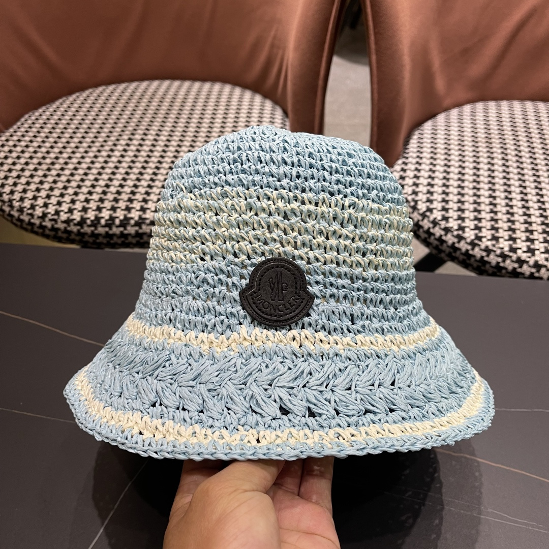  （蒙囗MONCLER海边度假条纹手工编织渔夫帽女夏法式镂空大帽檐遞阳防晒草帽
