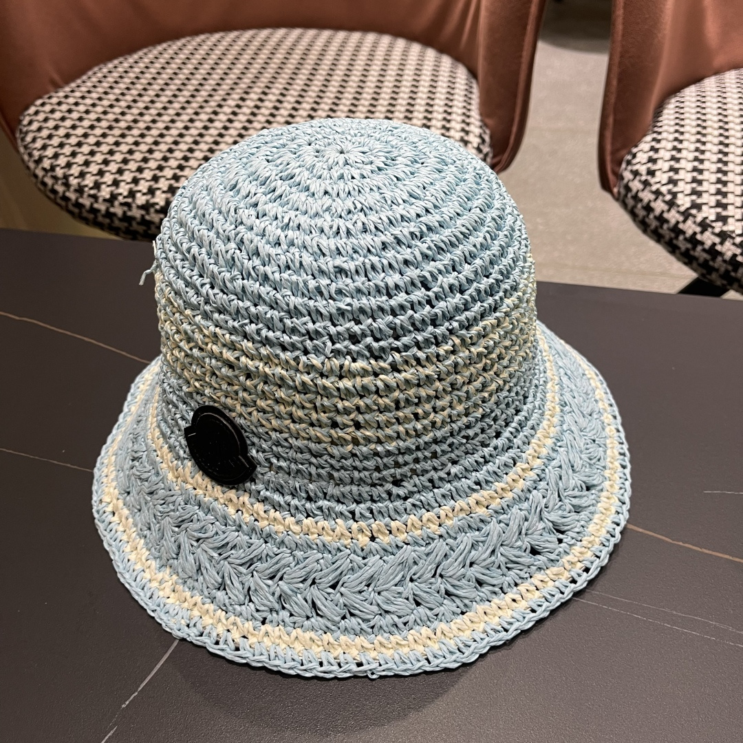  （蒙囗MONCLER海边度假条纹手工编织渔夫帽女夏法式镂空大帽檐遞阳防晒草帽
