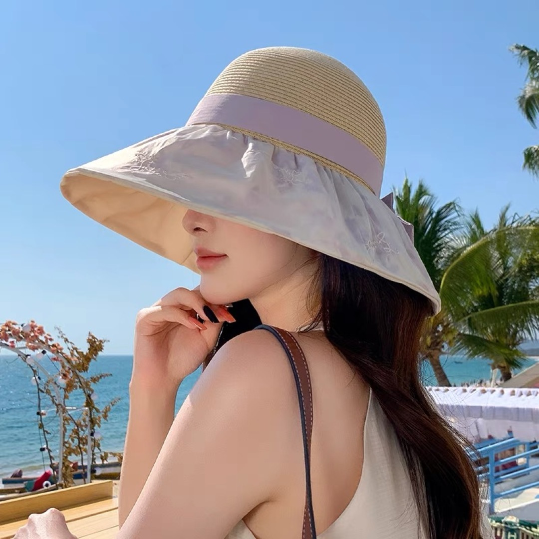  Pr@da 普拉达高品质防晒帽子女夏季田园风大檐透气户，外遮阳防紫外线沙滩渔夫帽