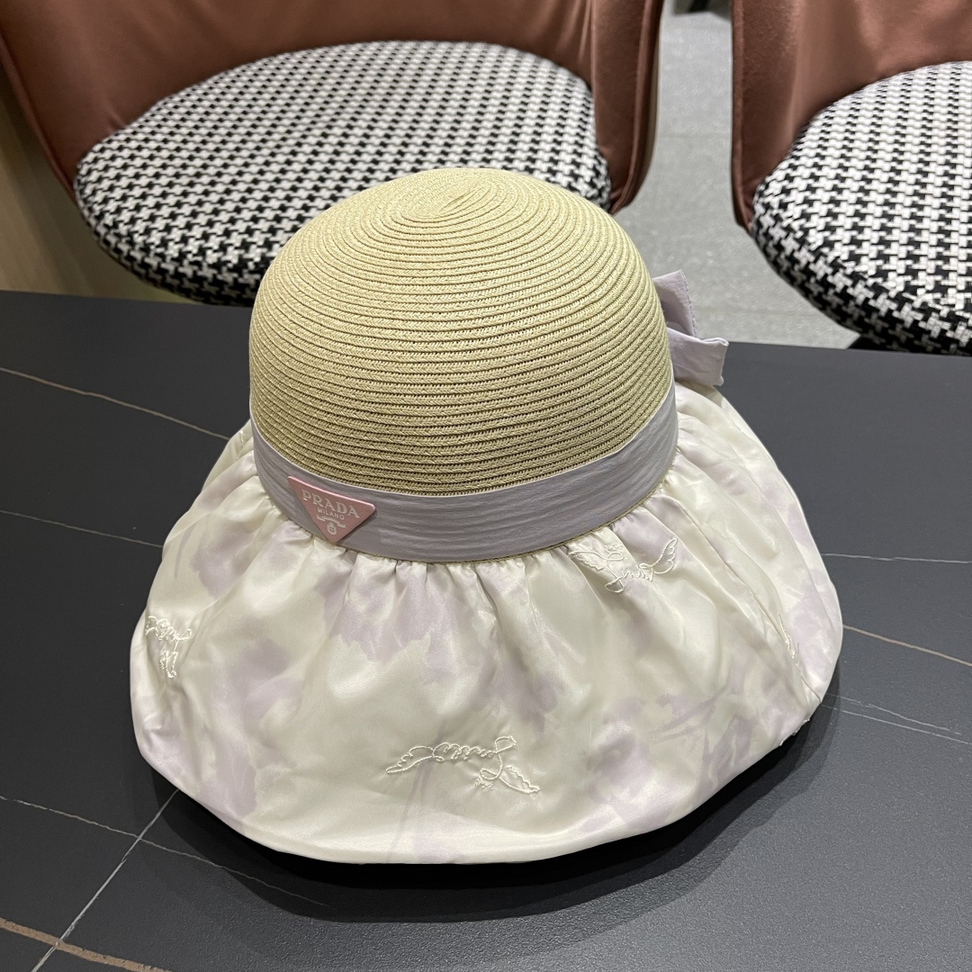  Pr@da 普拉达高品质防晒帽子女夏季田园风大檐透气户，外遮阳防紫外线沙滩渔夫帽
