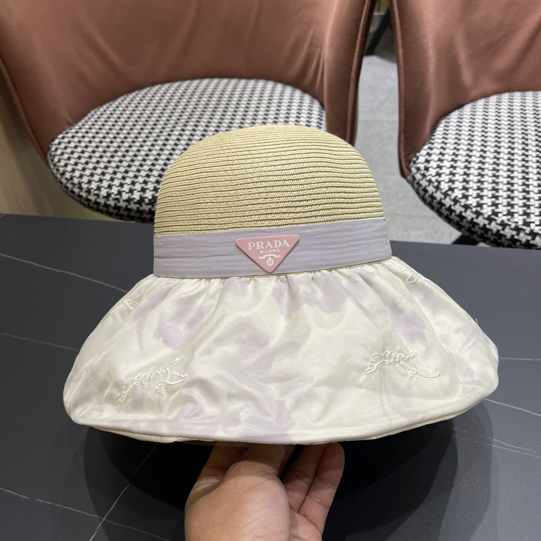  Pr@da 普拉达高品质防晒帽子女夏季田园风大檐透气户，外遮阳防紫外线沙滩渔夫帽