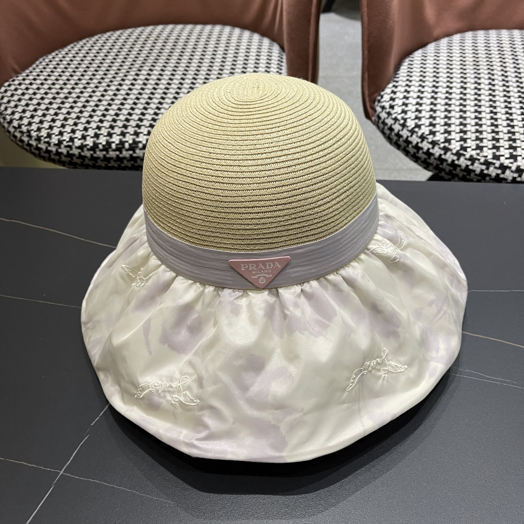  Pr@da 普拉达高品质防晒帽子女夏季田园风大檐透气户，外遮阳防紫外线沙滩渔夫帽