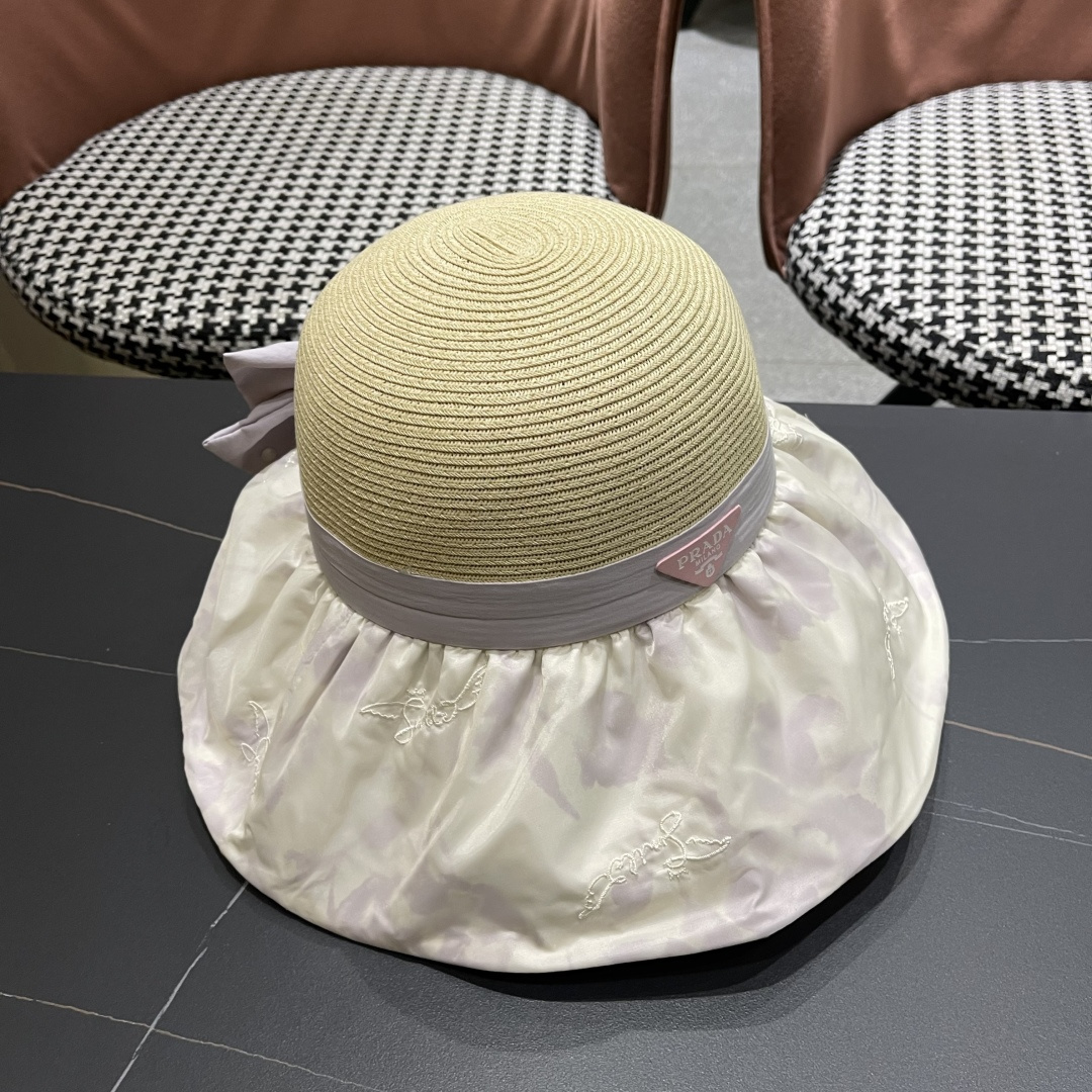  Pr@da 普拉达高品质防晒帽子女夏季田园风大檐透气户，外遮阳防紫外线沙滩渔夫帽