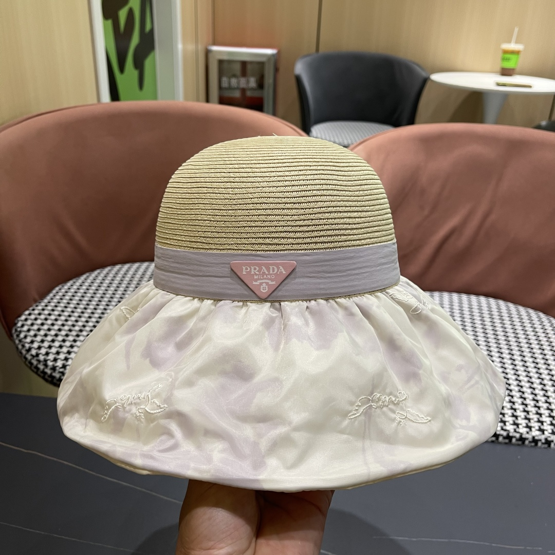  Pr@da 普拉达高品质防晒帽子女夏季田园风大檐透气户，外遮阳防紫外线沙滩渔夫帽