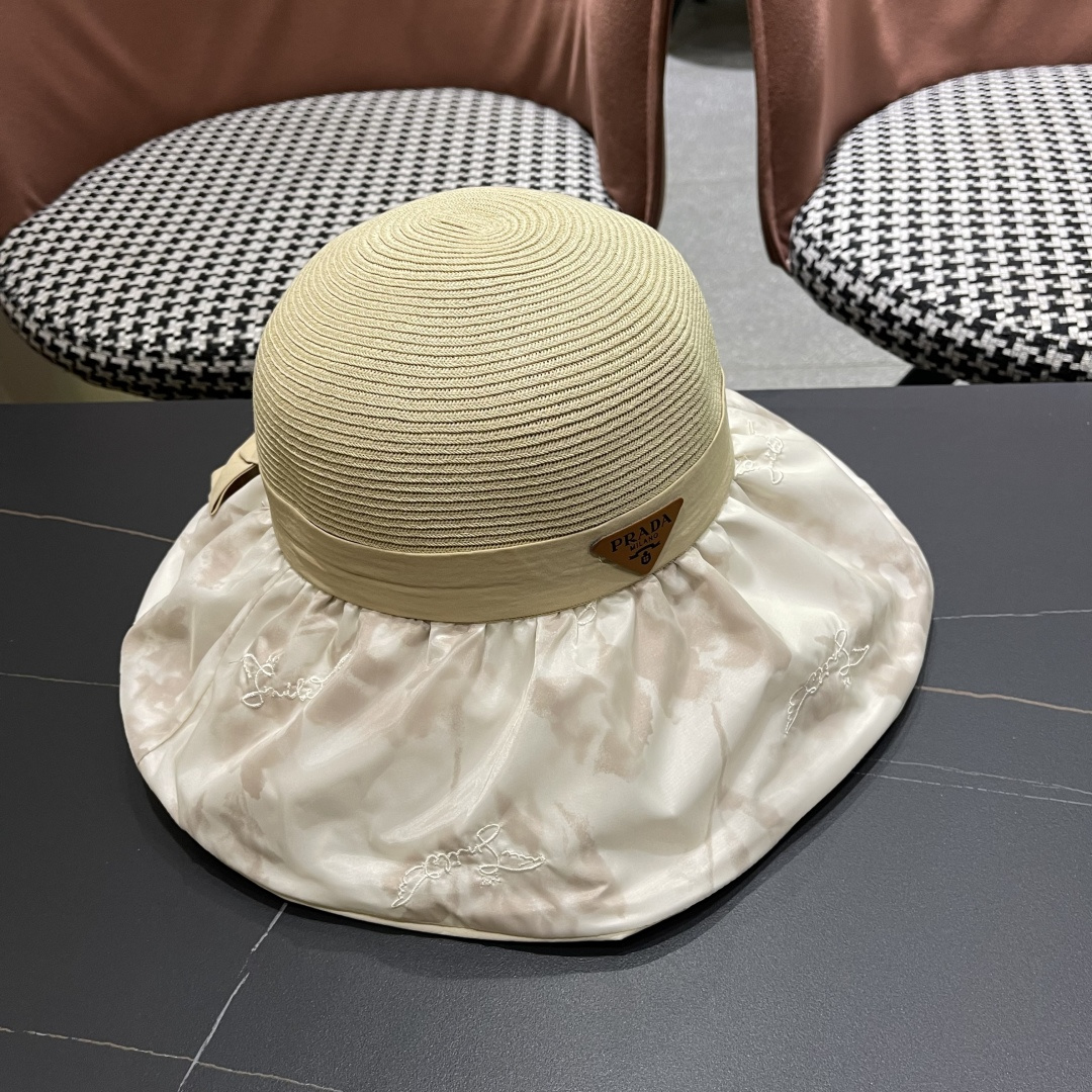  Pr@da 普拉达高品质防晒帽子女夏季田园风大檐透气户，外遮阳防紫外线沙滩渔夫帽