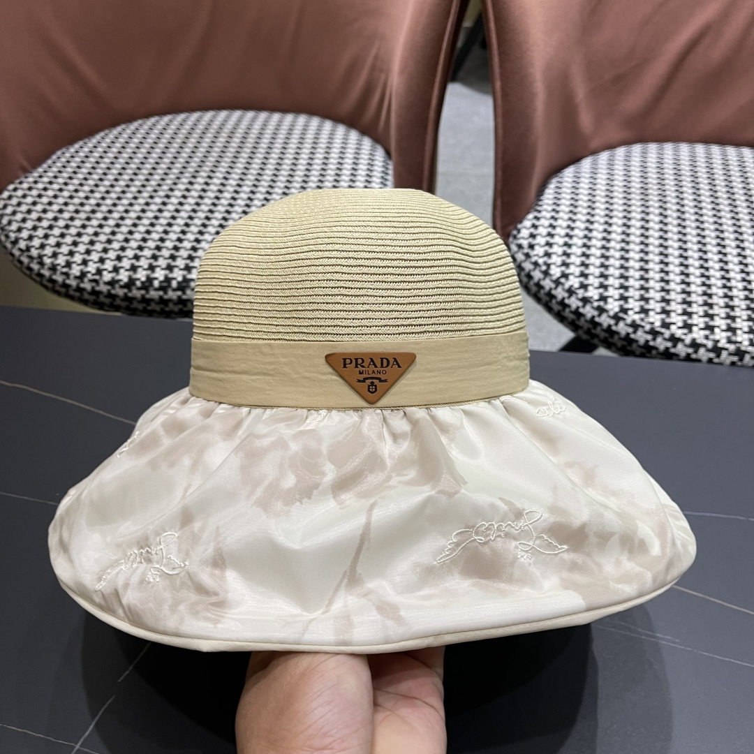  Pr@da 普拉达高品质防晒帽子女夏季田园风大檐透气户，外遮阳防紫外线沙滩渔夫帽