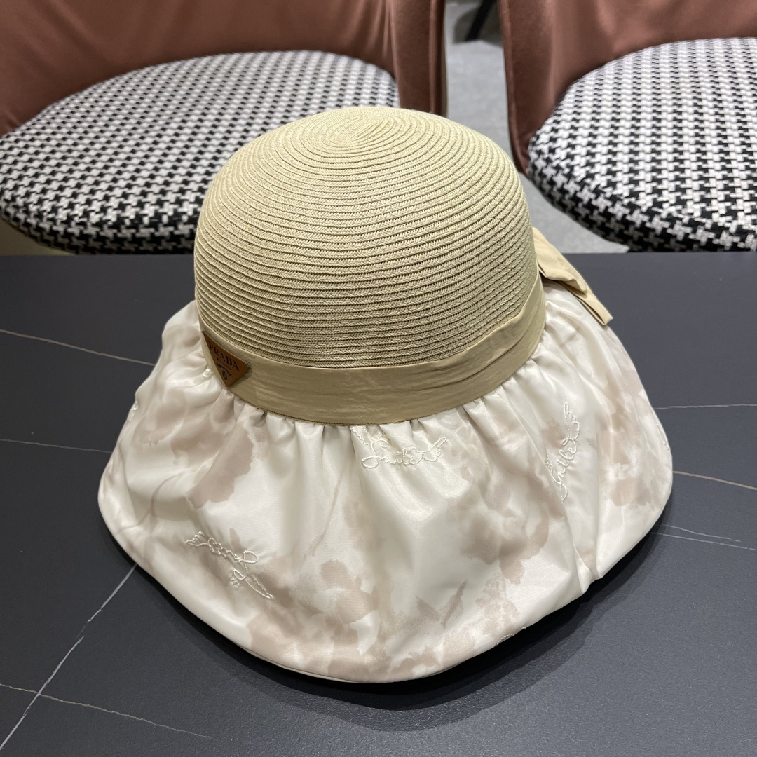  Pr@da 普拉达高品质防晒帽子女夏季田园风大檐透气户，外遮阳防紫外线沙滩渔夫帽