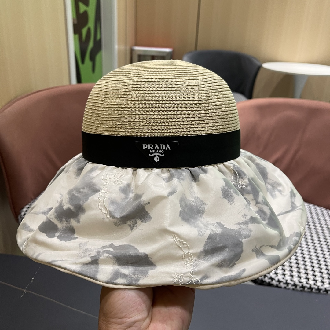  Pr@da 普拉达高品质防晒帽子女夏季田园风大檐透气户，外遮阳防紫外线沙滩渔夫帽