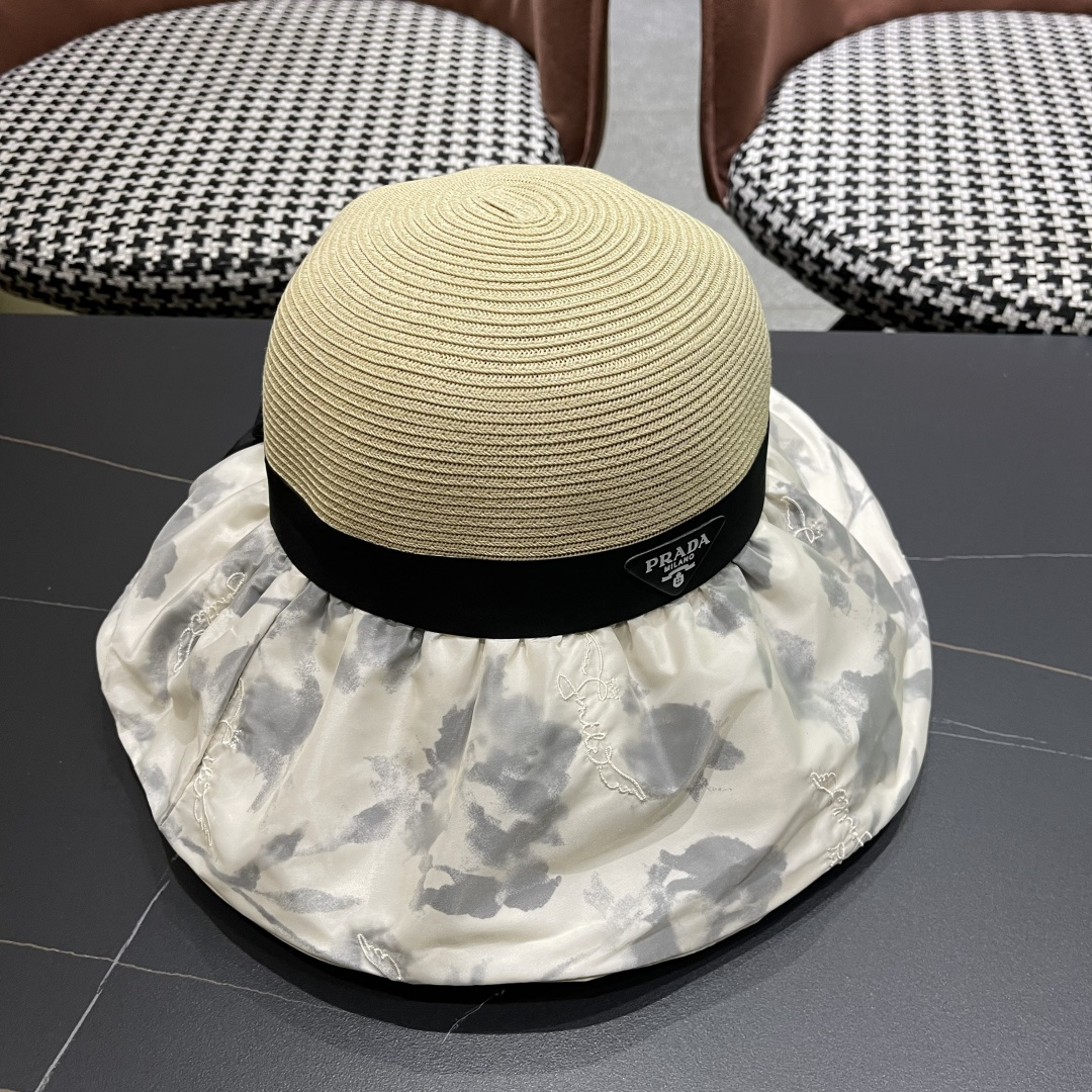  Pr@da 普拉达高品质防晒帽子女夏季田园风大檐透气户，外遮阳防紫外线沙滩渔夫帽