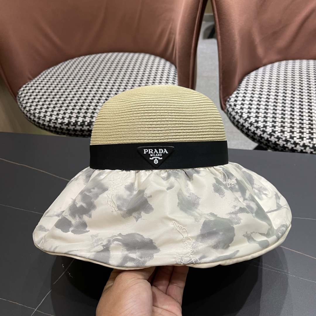  Pr@da 普拉达高品质防晒帽子女夏季田园风大檐透气户，外遮阳防紫外线沙滩渔夫帽