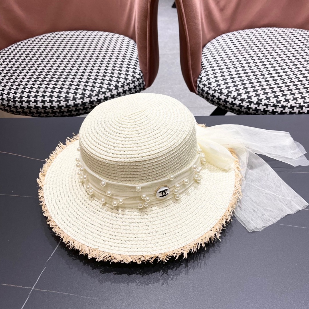 [Chanel Hats]Chanel2025 bow straw hat flat-topped pearl fringed straw hat wome