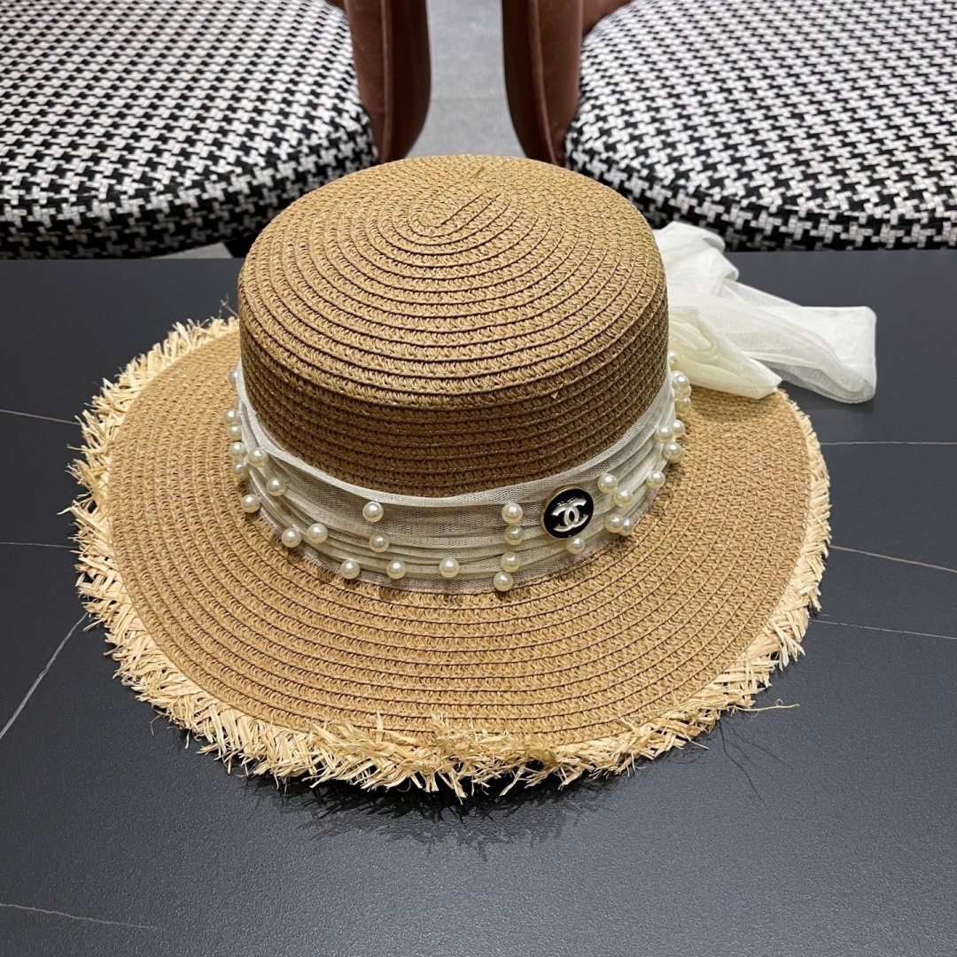 [Chanel Hats]Chanel2025 bow straw hat flat-topped pearl fringed straw hat wome
