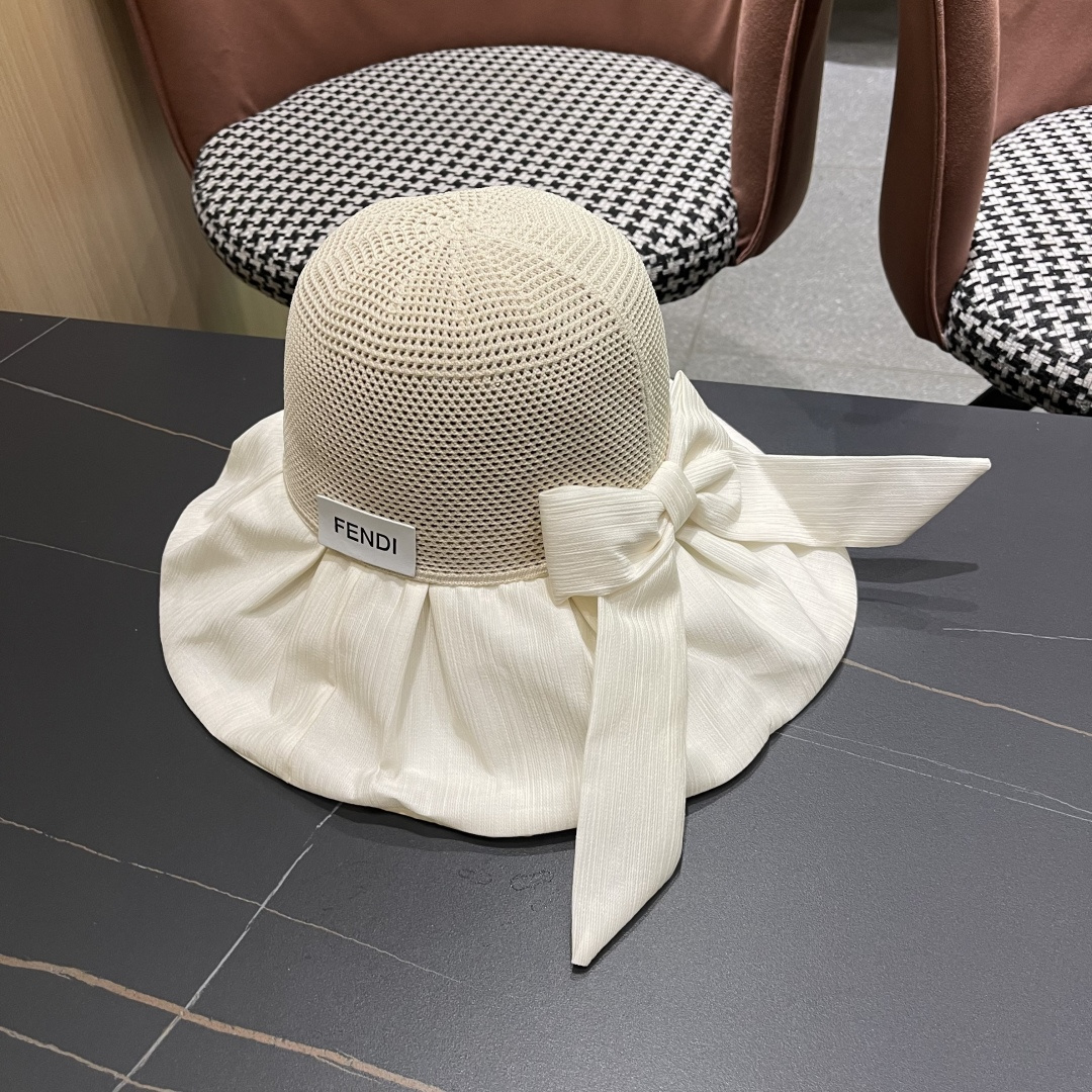  芬迪FENDI帽子女夏季遮脸黑椒防晒大沿渔夫帽蝴蝶结镂空太阳帽Uv盆帽