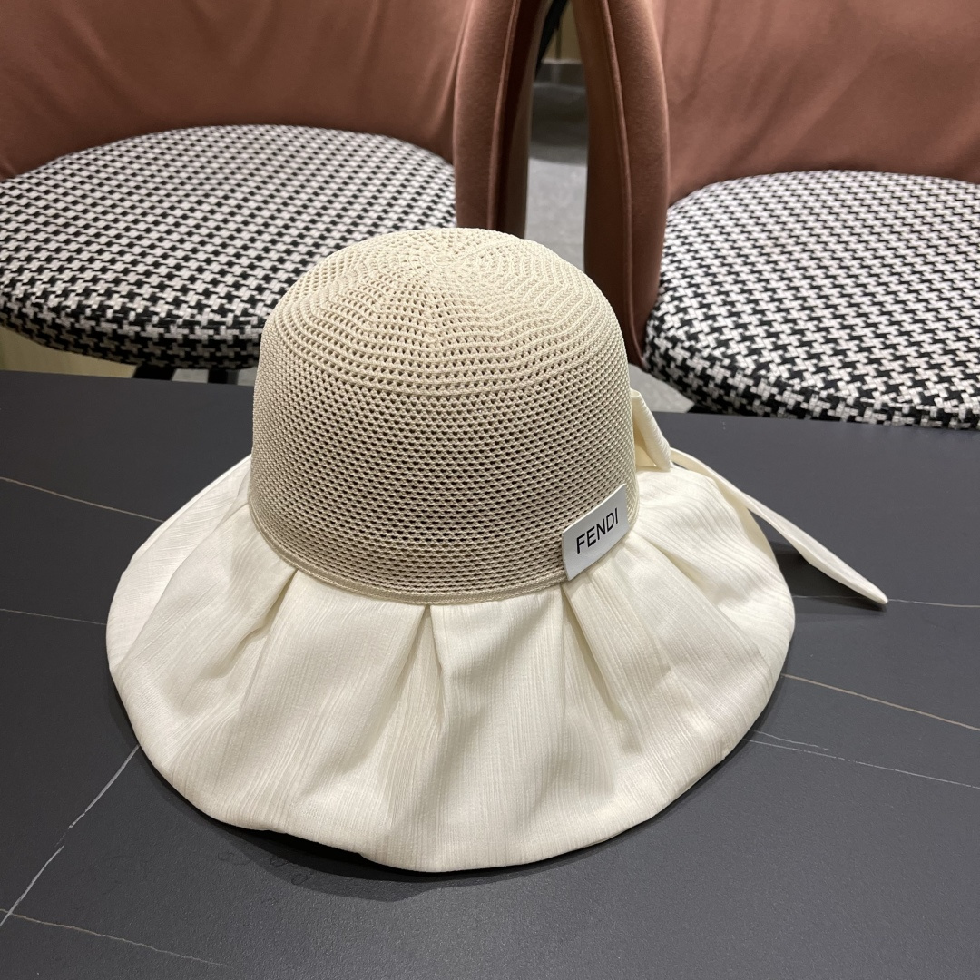  芬迪FENDI帽子女夏季遮脸黑椒防晒大沿渔夫帽蝴蝶结镂空太阳帽Uv盆帽