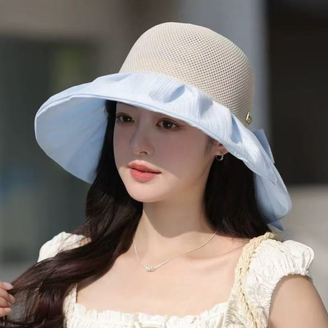  芬迪FENDI帽子女夏季遮脸黑椒防晒大沿渔夫帽蝴蝶结镂空太阳帽Uv盆帽