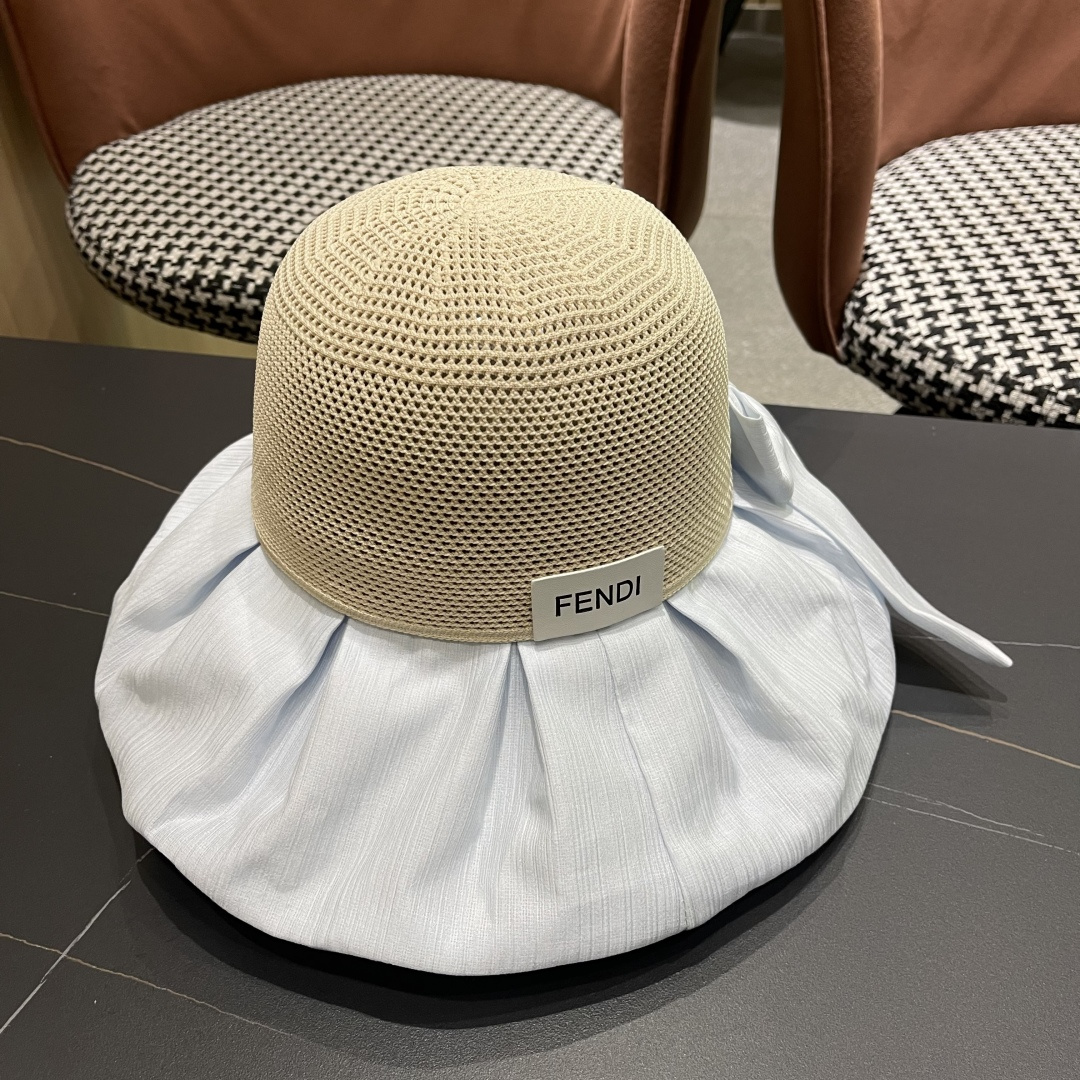  芬迪FENDI帽子女夏季遮脸黑椒防晒大沿渔夫帽蝴蝶结镂空太阳帽Uv盆帽