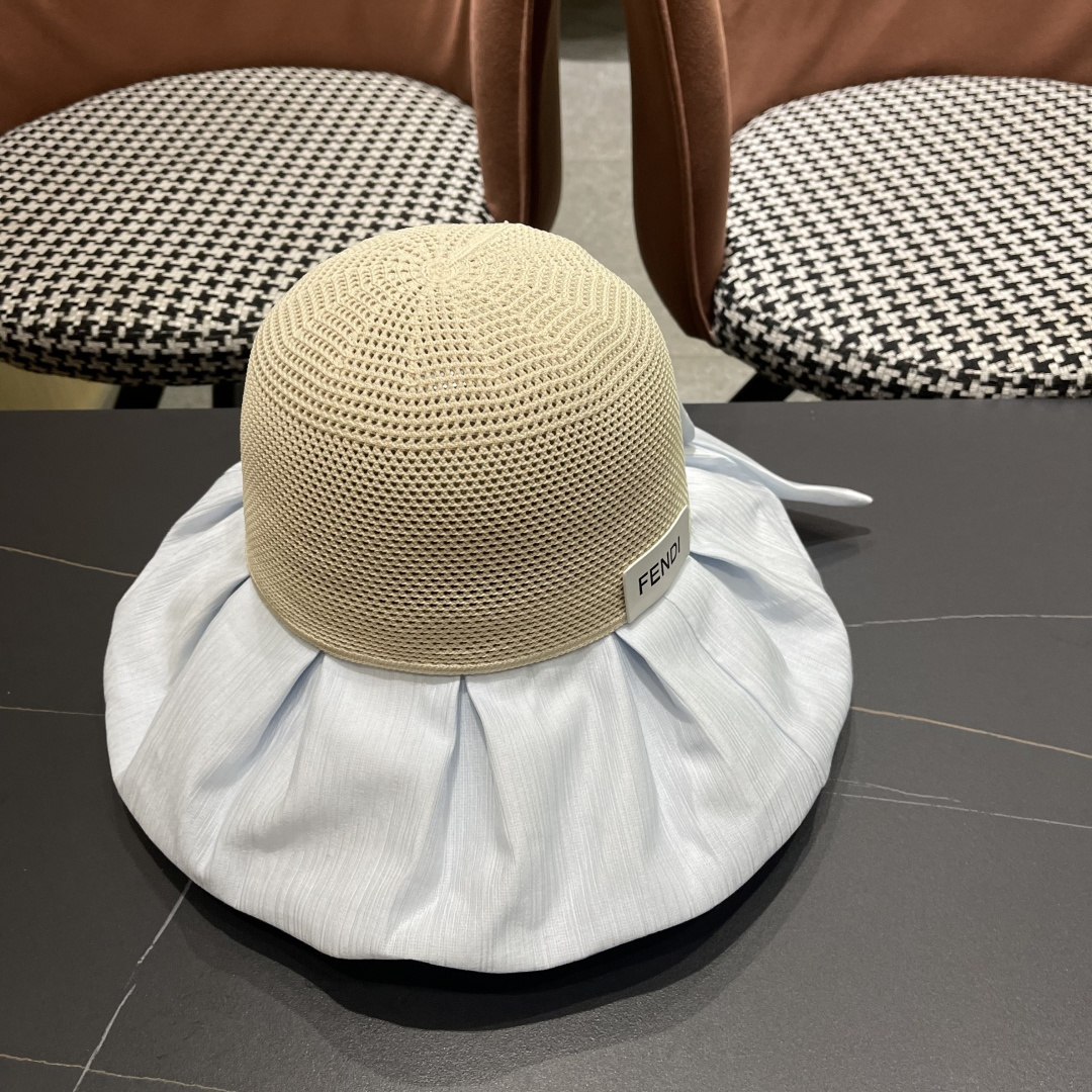  芬迪FENDI帽子女夏季遮脸黑椒防晒大沿渔夫帽蝴蝶结镂空太阳帽Uv盆帽