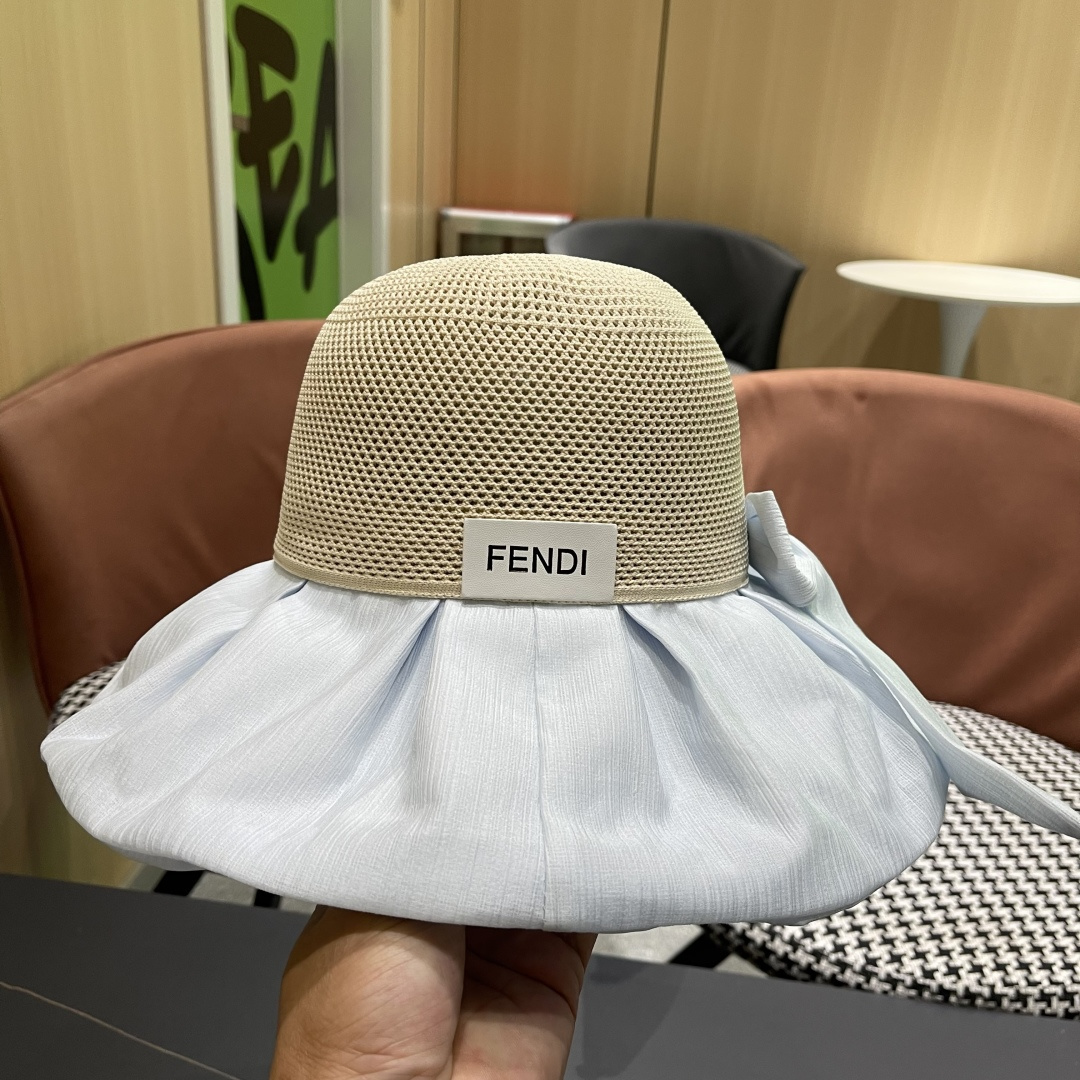  芬迪FENDI帽子女夏季遮脸黑椒防晒大沿渔夫帽蝴蝶结镂空太阳帽Uv盆帽