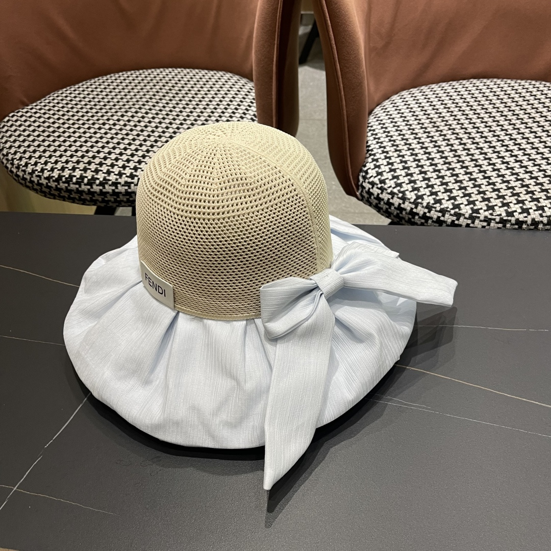  芬迪FENDI帽子女夏季遮脸黑椒防晒大沿渔夫帽蝴蝶结镂空太阳帽Uv盆帽