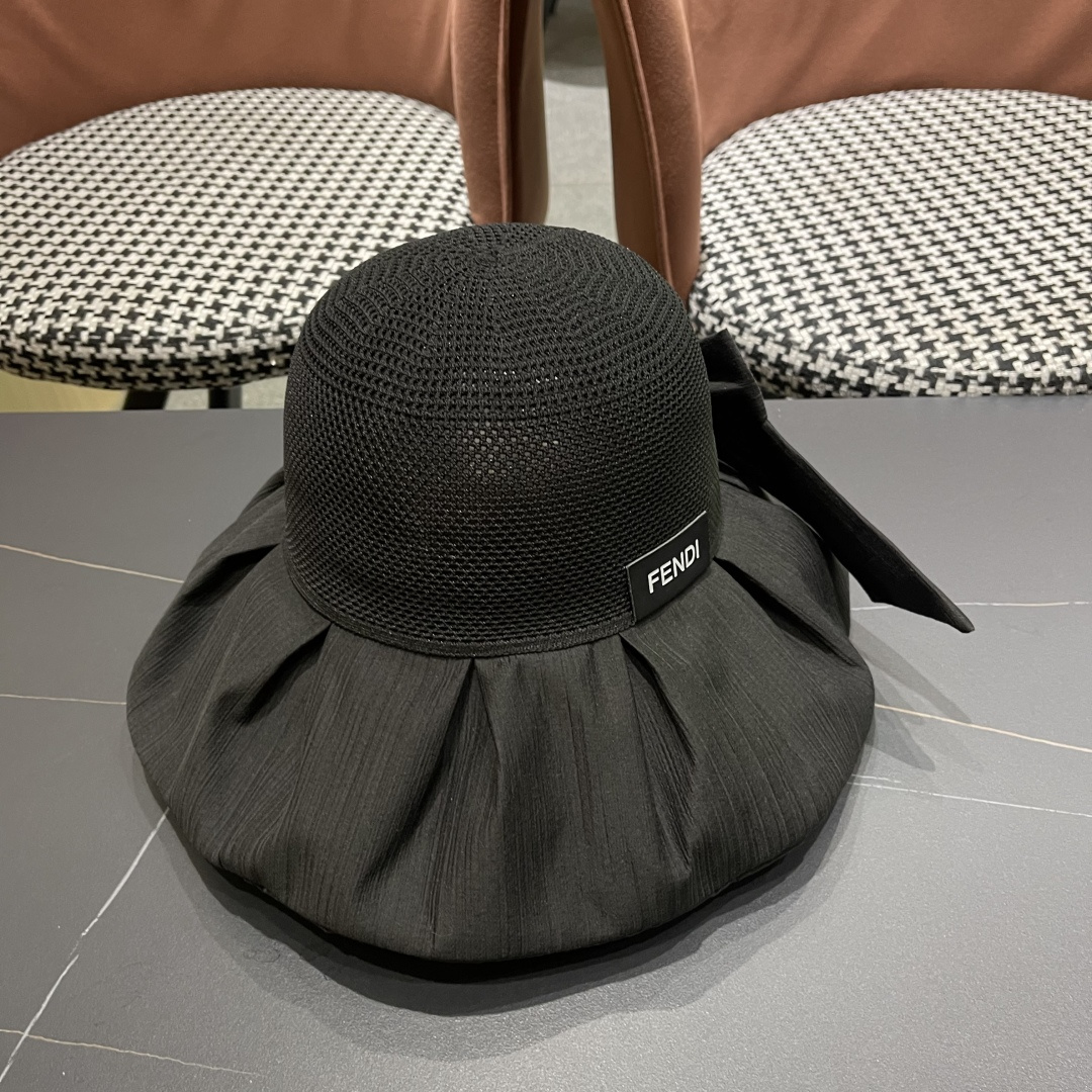  芬迪FENDI帽子女夏季遮脸黑椒防晒大沿渔夫帽蝴蝶结镂空太阳帽Uv盆帽