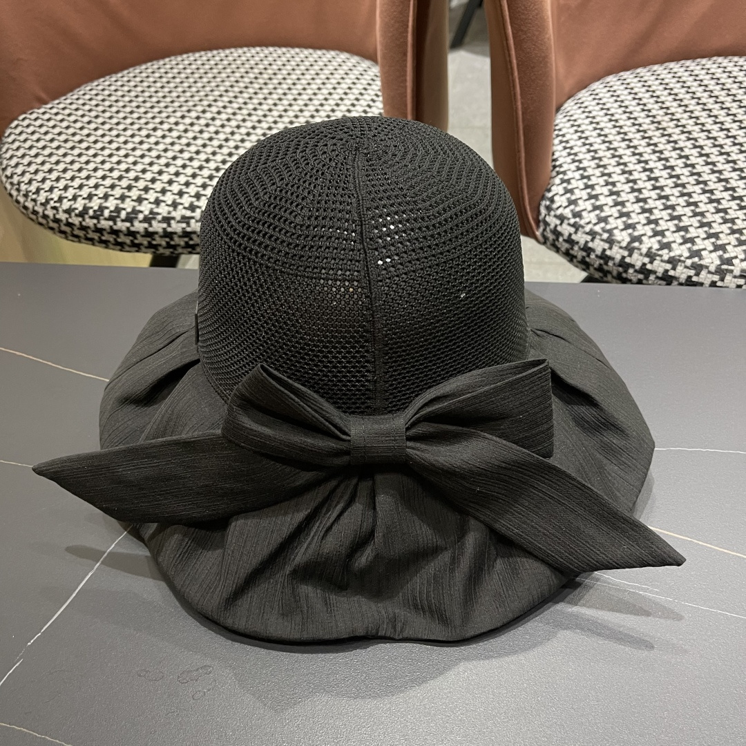  芬迪FENDI帽子女夏季遮脸黑椒防晒大沿渔夫帽蝴蝶结镂空太阳帽Uv盆帽