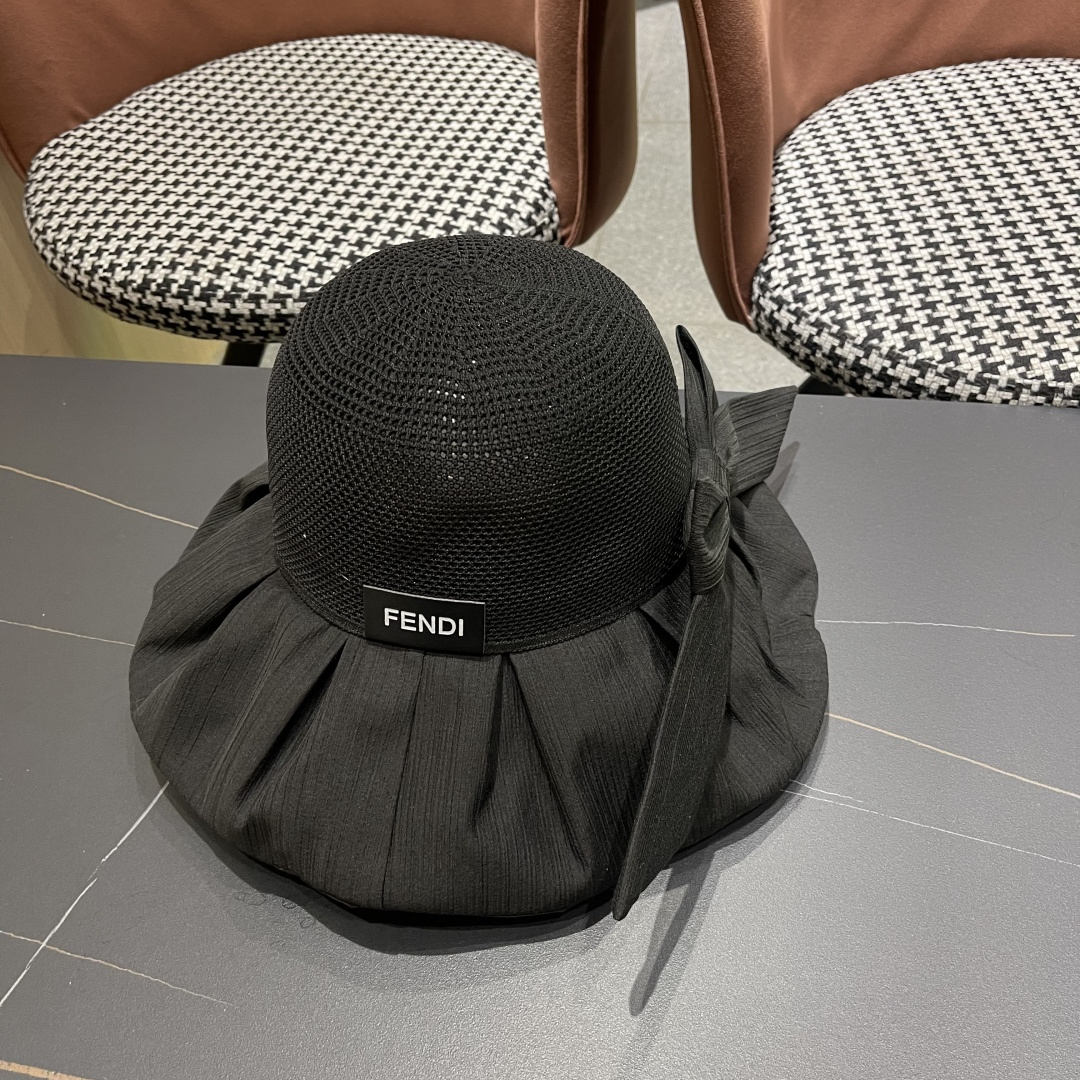 芬迪FENDI帽子女夏季遮脸黑椒防晒大沿渔夫帽蝴蝶结镂空太阳帽Uv盆帽
