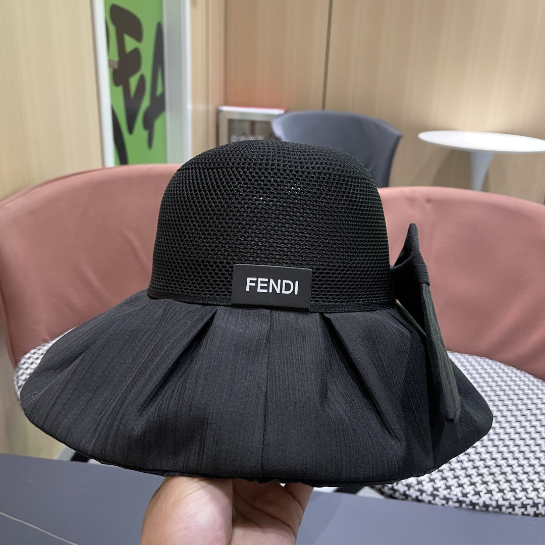  芬迪FENDI帽子女夏季遮脸黑椒防晒大沿渔夫帽蝴蝶结镂空太阳帽Uv盆帽