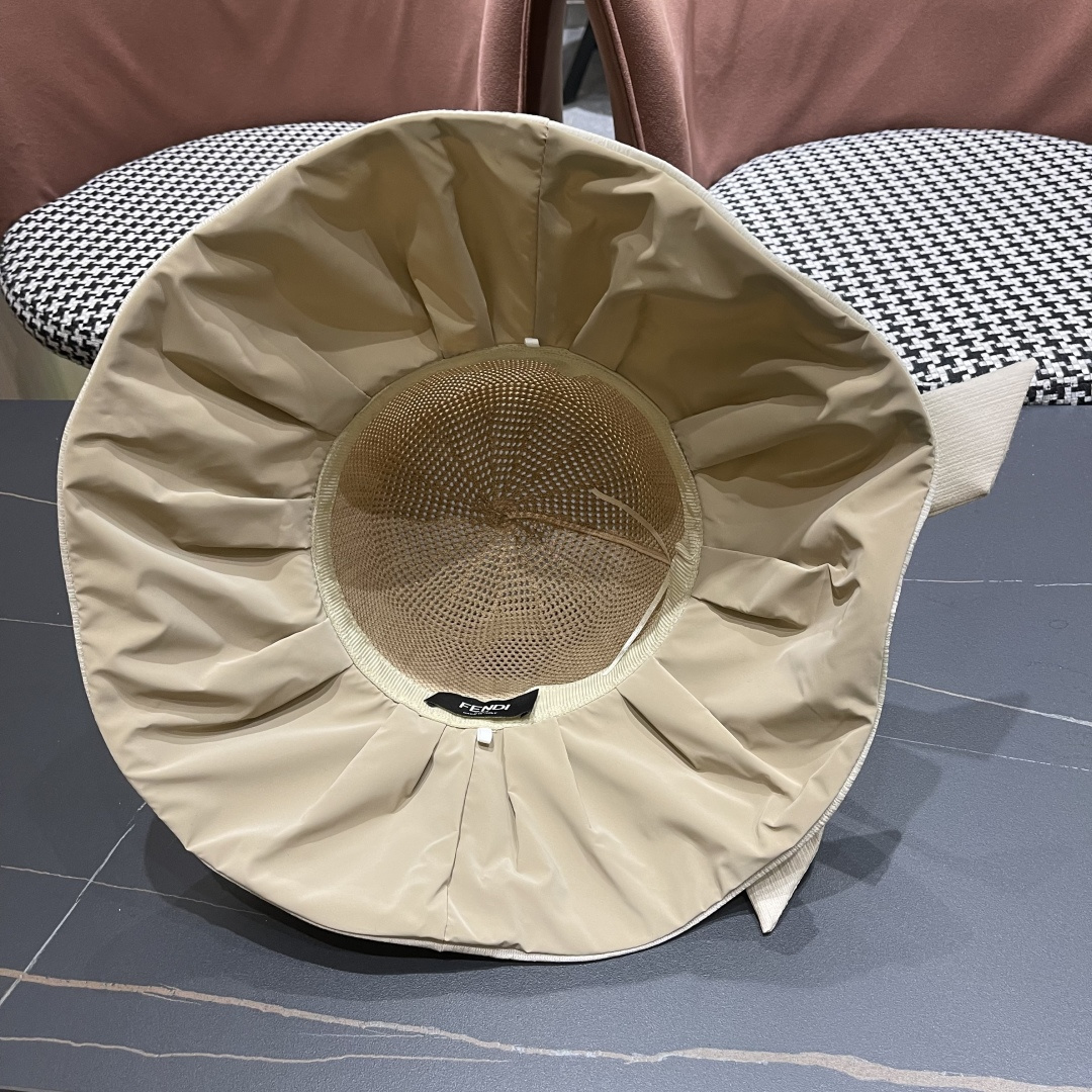  芬迪FENDI帽子女夏季遮脸黑椒防晒大沿渔夫帽蝴蝶结镂空太阳帽Uv盆帽
