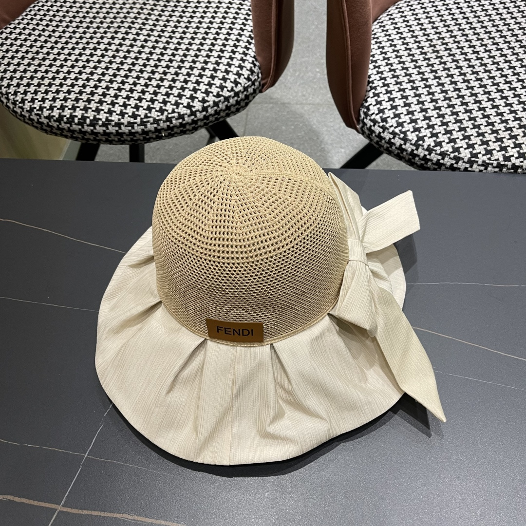  芬迪FENDI帽子女夏季遮脸黑椒防晒大沿渔夫帽蝴蝶结镂空太阳帽Uv盆帽