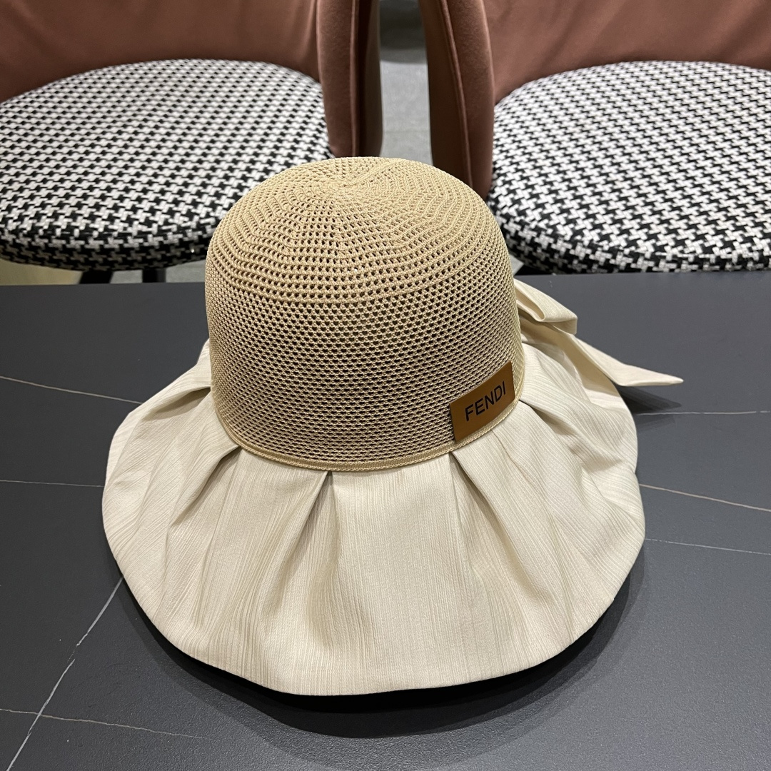  芬迪FENDI帽子女夏季遮脸黑椒防晒大沿渔夫帽蝴蝶结镂空太阳帽Uv盆帽