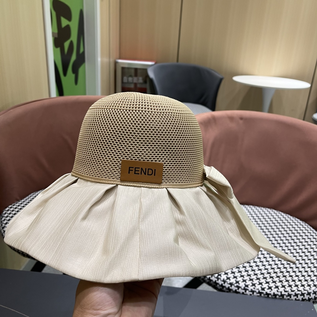  芬迪FENDI帽子女夏季遮脸黑椒防晒大沿渔夫帽蝴蝶结镂空太阳帽Uv盆帽
